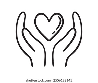 hand holding heart doodle hand drawn icon. Outline drawing love and care line clipart symbol. Vector illustration