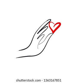 Hand holding heart hand drawn lin eart illustration. Peace and love symbol freehand sketch. Valentines Day greeting card isolated design element. Charity, donation vector doodle drawing