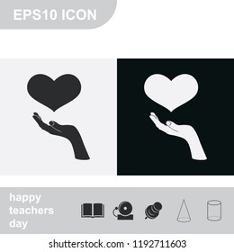 Hand holding a heart flat black and white vector icon.