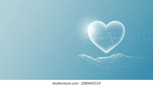 Hand holding a heart. Healthcare concept. Low polygons, triangles, wireframe, and particle style. Vector illustration