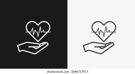 Hand Holding a Heart with Heartbeat Line on Black and White Backgrounds, Representing Health, Care, or Medical, White Outline Icon