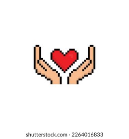  hand holding a heart  icon 8 bit, pixel art icon  for game  logo. 