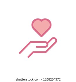 Hand holding heart icon, giving love, taking care symbol