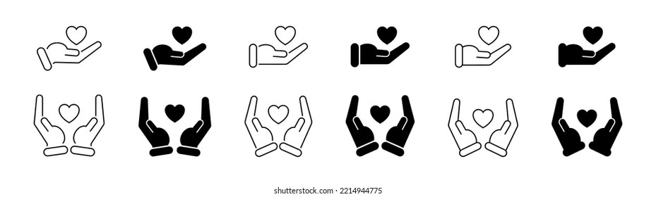 Hand holding heart icon set. Hand with heart. Friendship icons. Help concept icons. Hearts in hands. Trust symbol. Support symbols. Charity icons. Vector