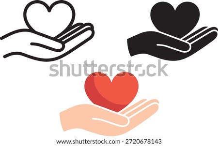 Hand holding heart icon set for charity and healthcare apps. Kindness and love symbols. Medical care hand gesture with heart shape isolated on white background.