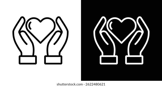 Mão segurando ícone do coração forma gráfico simples clipart símbolo. linha fina contorno arte
