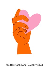 Hand holding heart icon Trust symbol, logo illustration. template in trendy linear minimal style Valentine's Day Card. Hands charity, give, share love to people Decoration element, Birthday invitation