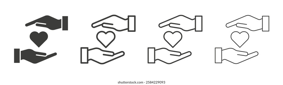 Hand holding heart icons set. Liner outlined and flat black color