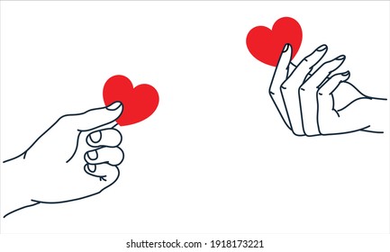 Hand holding heart illustration. Giving Love concept. Like for like Concept. Loving back idea.