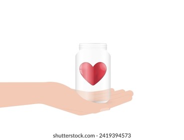 Hand Holding Heart Jar. Concept of Love, Donation or Valentine's Day. Vector Illustration. 