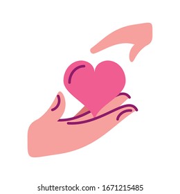 hand holding an heart, line style and color vector illustration design