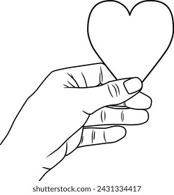 Hand holding heart, linear vector illustration as hand drawing