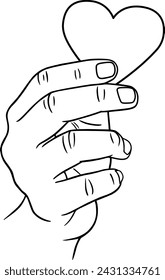 Hand holding heart, linear vector illustration as hand drawing