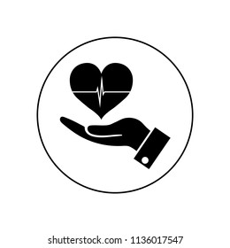Hand holding heart logo, icon. Hand holding coin in circle on white background