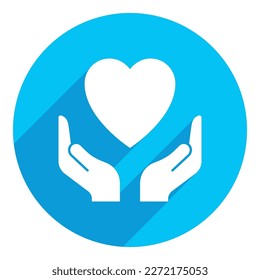 Hand holding heart. long shadow design. blue background.