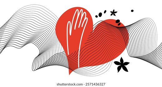 Hand holding heart with lines. Absolute love, charity, kindness symbol concept. Hand-drawn doodle simple vector illustration. Drawing isolated on white background.