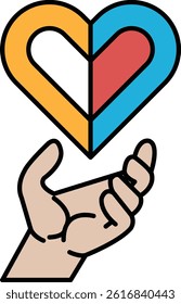A hand holding a heart. The heart is in the middle of the hand and is surrounded by a rainbow