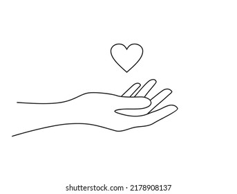 A hand holding a heart. Minimalistic black and white vector illustration in lineart style