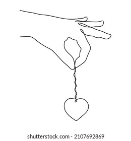 Hand holding heart on chain, one-line art, hand drawn continuous contour.Romantic holiday gift,date celebration.Decoration for love relationships, feelings postcards.Editable stroke.Isolated.Vector 