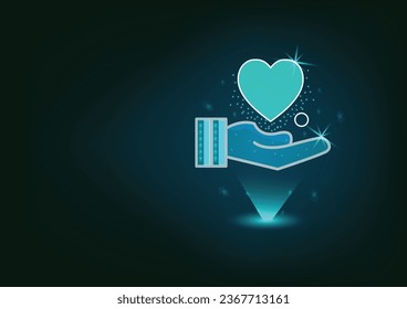 A hand holding heart on Dark background.heart health,happy volunteer charity,Sharing love. Valentine's day, hand holding heart sign, vector graphics,Vecter shows the principle of caring and good healt