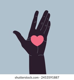 Hand holding a heart on open palm. Vector illustration