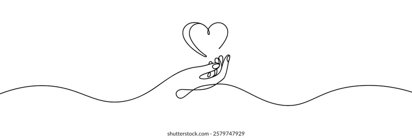 Hand holding heart. One continuous line drawing of support, charity concept. Vector illustration.