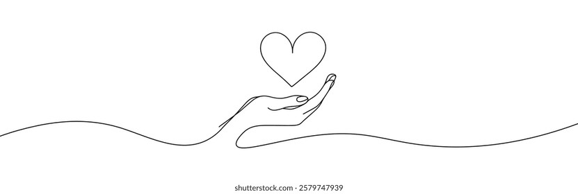 Hand holding heart. One continuous line drawing of support, charity concept. Vector illustration.