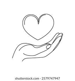 Hand holding heart. One continuous line drawing of support, charity concept. Vector illustration.