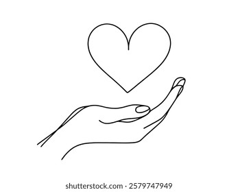 Hand holding heart. One continuous line drawing of support, charity concept. Vector illustration.