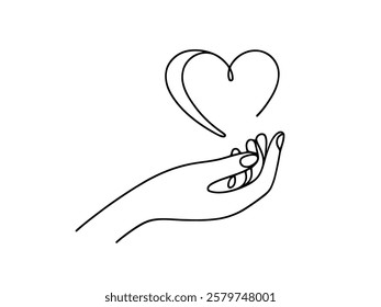 Hand holding heart. One continuous line drawing of support, charity concept. Vector illustration.