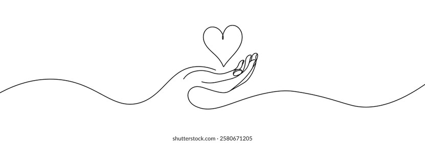 Hand holding heart. One continuous line drawing of support, charity concept. Vector illustration.