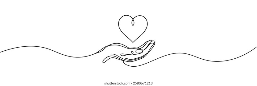 Hand holding heart. One continuous line drawing of support, charity concept. Vector illustration.