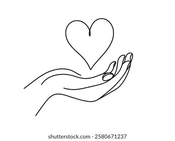 Hand holding heart. One continuous line drawing of support, charity concept. Vector illustration.