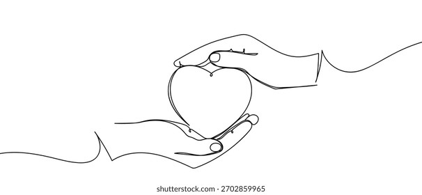 Hand, die ein Herz hält, eine durchgehende Linie Minimalistisch einfacher linearer Stil. Vektorkonturgrafik.