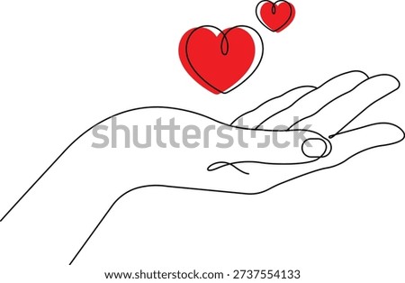Hand holding a heart in one line art style. 