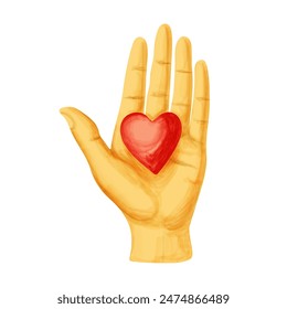 Hand holding heart. Open palm isolated on white background. Love, charity and donation concept. Watercolor hand drawn style. Vector illustration.