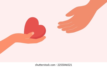 Hand holding heart and passing it from hand to hand. Volunteer or friend shares empathy and support for needy person vector illustration. Concept of psychological help, sharing love, donation, charity svg