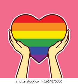 Hand Holding Heart Rainbow, Concept Of Pride Sign Flag LGBTQ Pride Vector Illustration - Vector