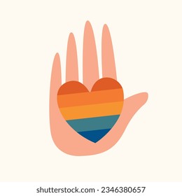 Hand holding heart. Set of LGBTQ community symbols. Various hands gestures. Pride month stickers. LGBT flat style icons collection. Gay parade groovy celebration.	
