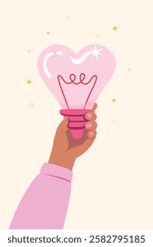 hand holding a heart shape light bulb design, Label of feeling good, love and happy concept.