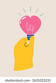 Hand holding a heart shape light bulb. Colorful vector illustration
