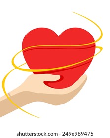 Mano sosteniendo la forma del corazón - como símbolo de amor, caridad, cuidado o Asistencia. También donación, ayuda voluntaria y solidaridad. Ilustración simple plana, aislada sobre fondo blanco
