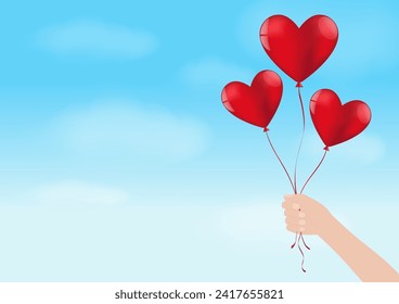 Hand Holding Heart Shaped Balloon on Blue Sky Background. Concept of Valentine's Day, Wedding Celebration, Mother's Day or Anniversary. Vector Illustration.