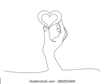 Hand holding heart sign. Continuous one line art drawing style. Black linear sketch isolated on white background. Vector illustration