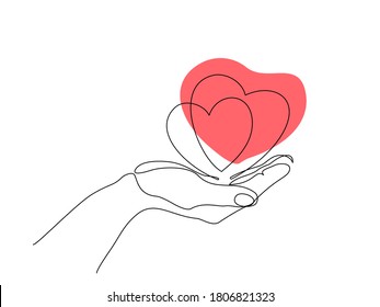 Hand holding heart sign  Continuous one line art drawing style  Black linear sketch isolated white background  Vector illustration