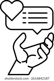 A hand holding a heart with a speech bubble