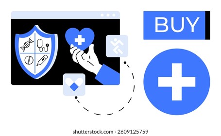 Hand holding a heart symbol in front of a screen with health icons for insurance buy button, plus sign, connected icons. Ideal for healthcare, insurance, medical services, online consultation