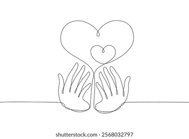 Hand Holding a Heart Symbol of Love and Care isolated on white background, Continuous one line hand drawn vector illustrtion, Editable stroke