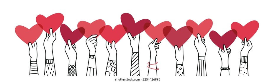 Hand up holding a heart in their hand. Charity solidarity donation. Hand drawn vector illustration.