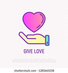 Hand holding heart thin line icon. Symbol of love, care and support each other. Modern vector illustration.
